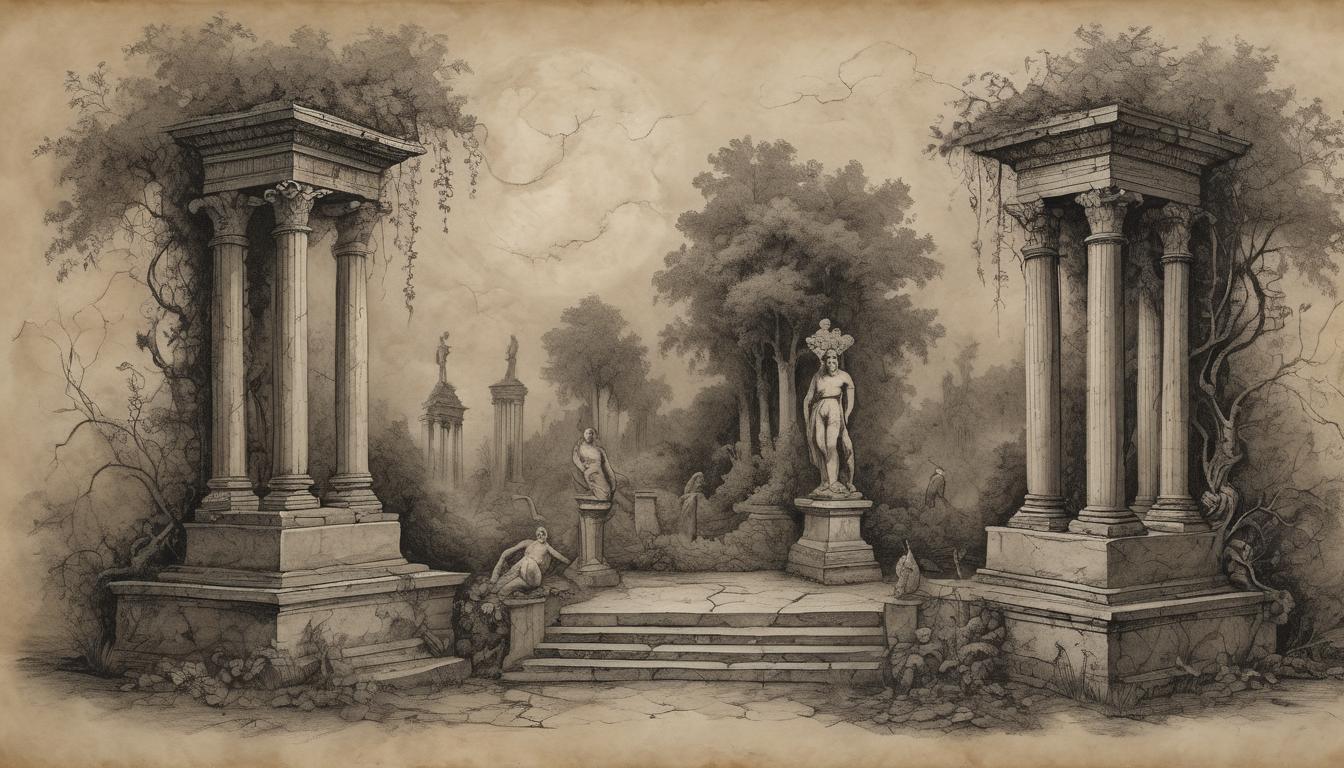  on parchment, surrealism++, ruined pillars in an overgrown garden, broken statues representing wisdom, marble and vine textures intricately sketched, twilight sky veiled with dark clouds, mood of decay, lost opportunities, serene yet melancholic.(mysterious, provocative, symbolic)++