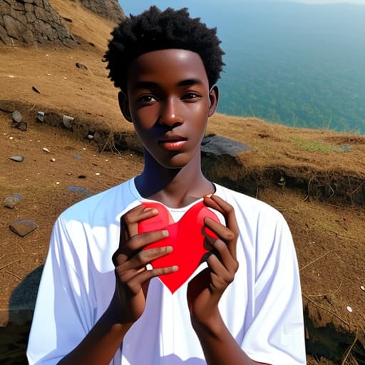  Fair skin Ghanaian boy holding a heart in his hands on a mountain