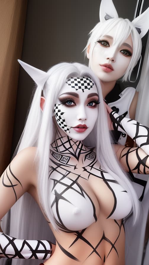  Chessboard check body paint in every corner of the body, White body paint all over the body,White face paint on the face, Dark elf,Full body image 女性