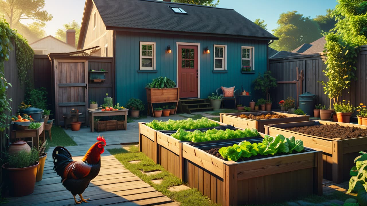  a vibrant backyard scene in texas, featuring a cozy urban homestead with raised vegetable beds, chickens roaming freely, a compost bin, and a small rainwater collection system under a bright blue sky. hyperrealistic, full body, detailed clothing, highly detailed, cinematic lighting, stunningly beautiful, intricate, sharp focus, f/1. 8, 85mm, (centered image composition), (professionally color graded), ((bright soft diffused light)), volumetric fog, trending on instagram, trending on tumblr, HDR 4K, 8K