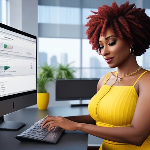  (African American woman, graphic designer, hair in locs in an updo style, woman sitting at a computer desk in a luxury office, woman is wearing a beautiful while and yellow dress), photorealistic, highly detailed, 4k, high quality hyperrealistic, full body, detailed clothing, highly detailed, cinematic lighting, stunningly beautiful, intricate, sharp focus, f/1. 8, 85mm, (centered image composition), (professionally color graded), ((bright soft diffused light)), volumetric fog, trending on instagram, trending on tumblr, HDR 4K, 8K