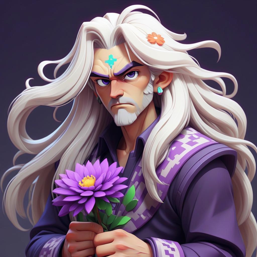  pixel art a guy with long white hair and a purple kimano with a flower in his hands . low res, blocky, pixel art style, 8 bit graphics