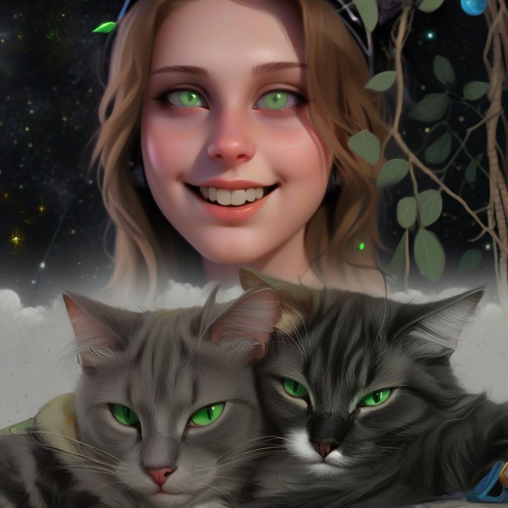  two cats, a girl with green eyes, music, space