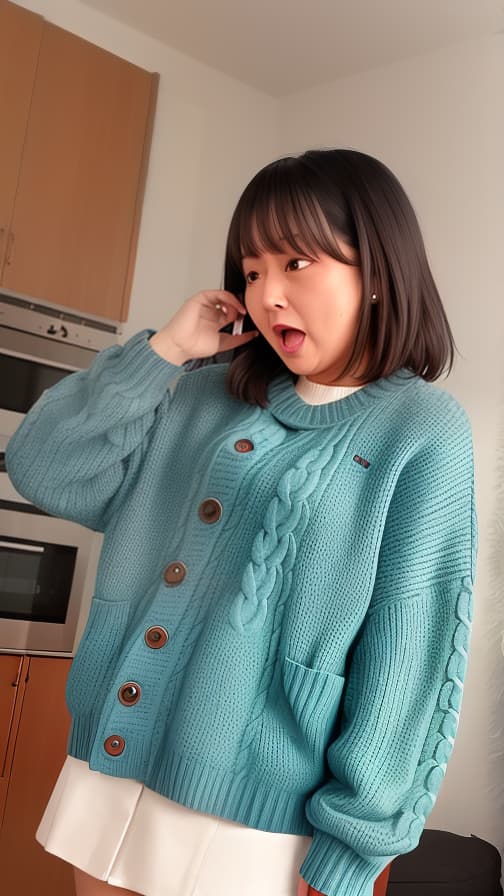  Room V sweater with dark blue-green buttons Brown hair semi-straight long woman Crying expression