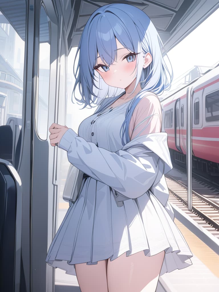  light blue, hair water blue, bob hair, train, last train, masterpiece, best quality,8k,ultra detailed,high resolution,an extremely delicate and beautiful,hyper detail