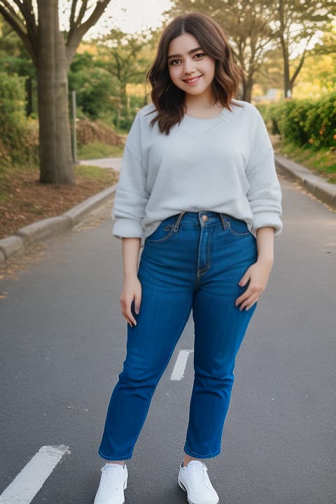  an with a curvy figure, featuring prominent proportions, small, expressive eyes, and stylish eyegles. she has a vint personality that shines through in her confident stance, dressed in trendy yet casual clothing that highlights her youthful energy. the background is softly blurred, focusing on her character, with warm, natural lighting enhancing the scene to create a realistic, portrait.