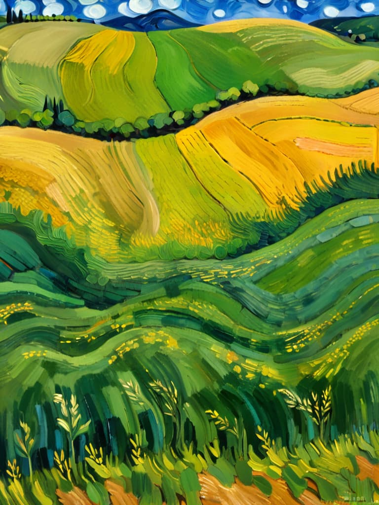  van gogh style, wheat field, vibrant yellow and green hues, rolling hills, deep blue sky, dynamic brushstrokes, strong texture, rustic countryside, high contrast, expressive lines, oil painting effect.