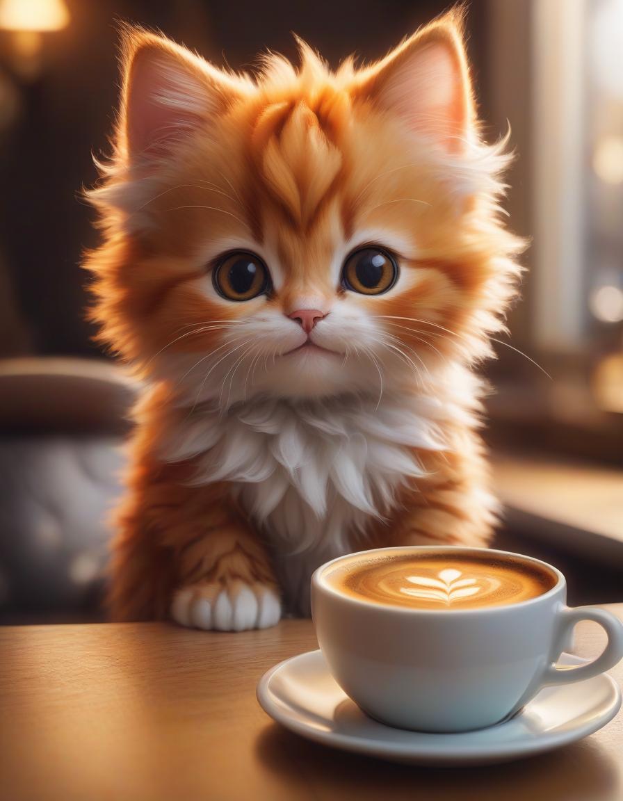  a kitten sitting next to a cup of coffee, furry art, orange fur, avatar image, 😃😀😄☺️🙃😉😗, portrait of small, furry shot, extremely high resolution, ☕️ on the table, fluffy hair, covered in, smileeeeeee, in the morning, exploitable image, powering up, high quality picture