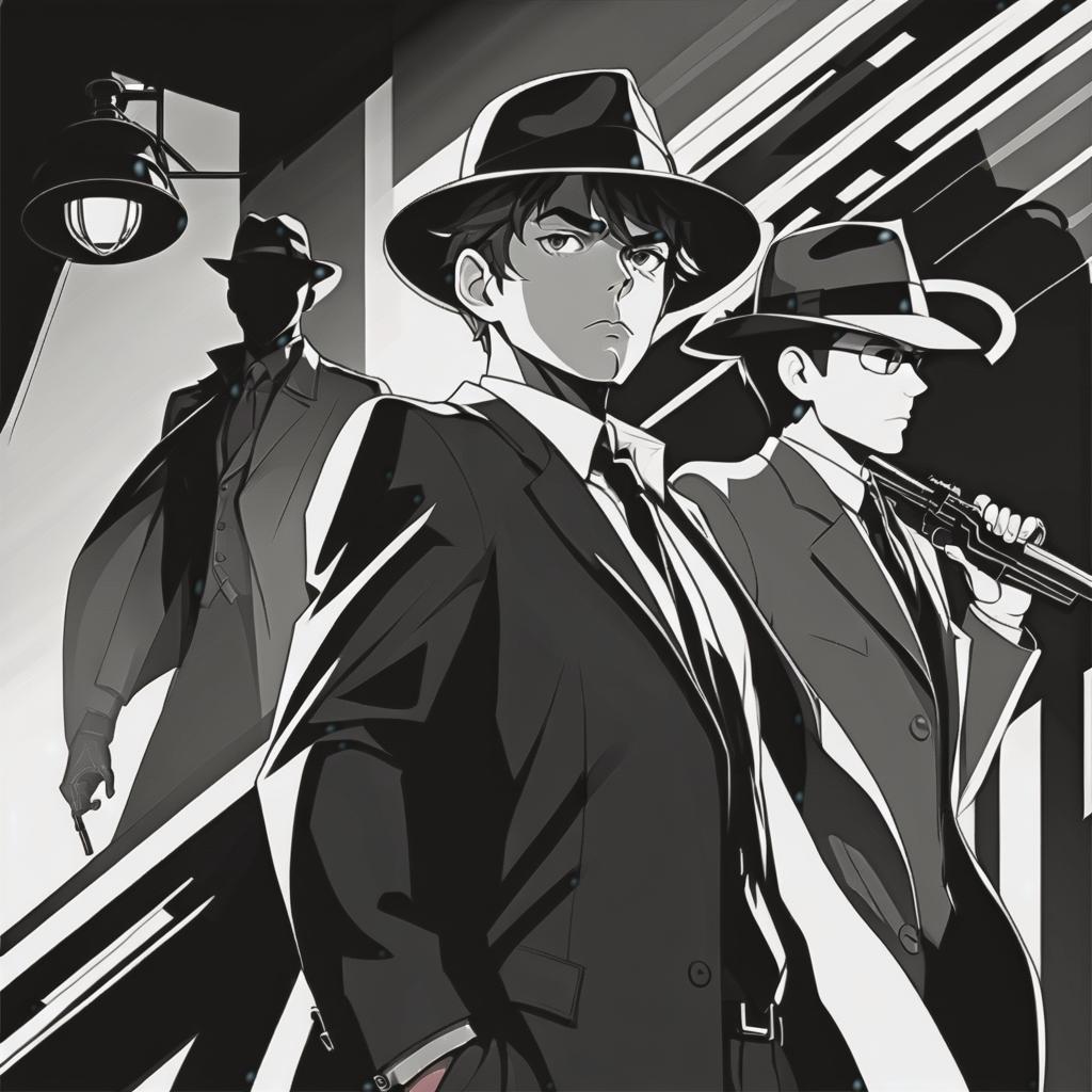  line art drawing noir detective, same nightmare. anime style . professional, sleek, modern, minimalist, graphic, line art, vector graphics