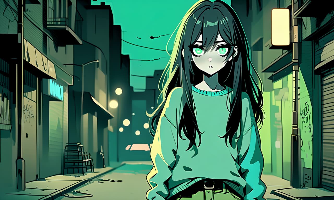  grunge style a girl in anime style with long black hair stands on an empty and night street dressed in a sweater of warm pastel green color and pants. the girl looks into the darkness with black lower eyelids under the eyes full of fear of the unknown and curiosity, and the bright turquoise eyes themselves stand out against the background of everything. the image uses warm and bed tones . textured, distressed, vintage, edgy, punk rock vibe, dirty, noisy