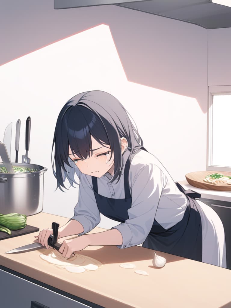  kitchen,woman wearing apron {cutting onion with knife on cutting board,(tears while slicing onion thinly:1.4)},super detailed,high resolution,absurd,employed,