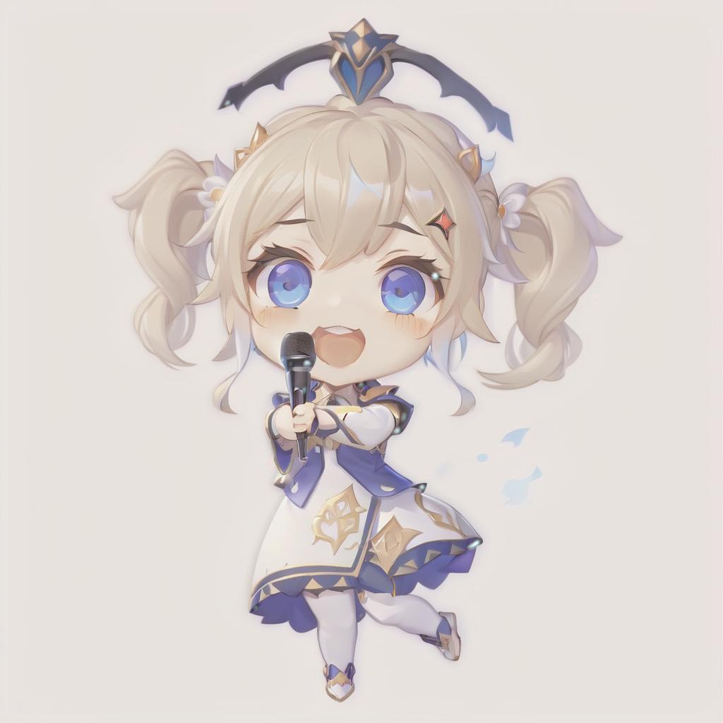  role playing game (rpg) style fantasy anime chibi cute girl barbara from genshin impact with microphone in hand . detailed, vibrant, immersive, reminiscent of high fantasy rpg games, perfect hands