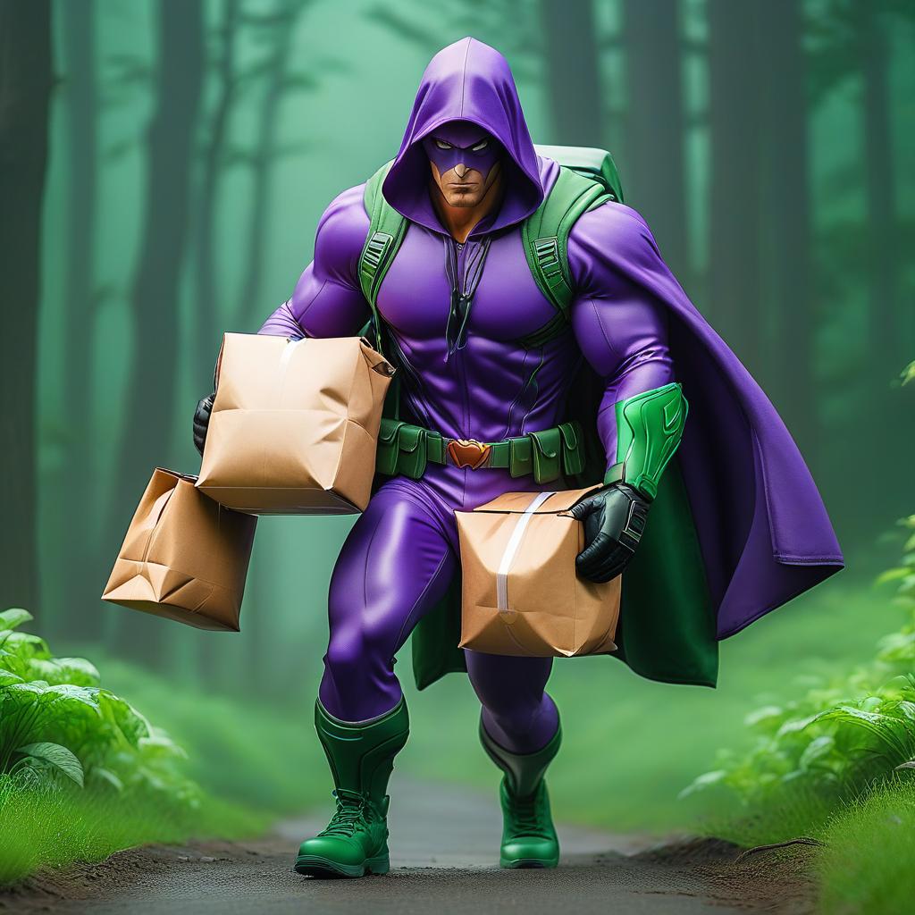  a superhero purple hood with a backpack brought a package on a green background, hkmagic hyperrealistic, full body, detailed clothing, highly detailed, cinematic lighting, stunningly beautiful, intricate, sharp focus, f/1. 8, 85mm, (centered image composition), (professionally color graded), ((bright soft diffused light)), volumetric fog, trending on instagram, trending on tumblr, HDR 4K, 8K