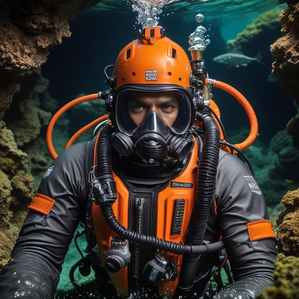  jb name, male, rebreather diver, thick loops, helmet in orange, cave diver, underwater, face view diver, fresh water, shoulder view, jb, mythological style