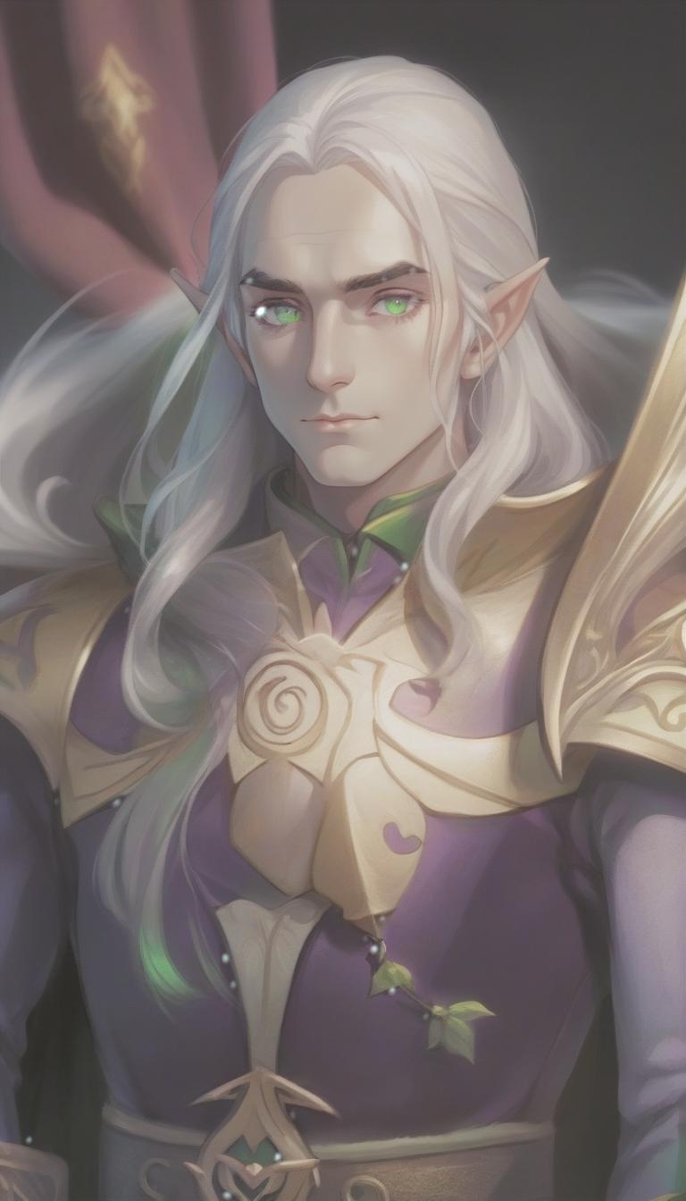  man, elf, long white hair, green eyes, purple clothes