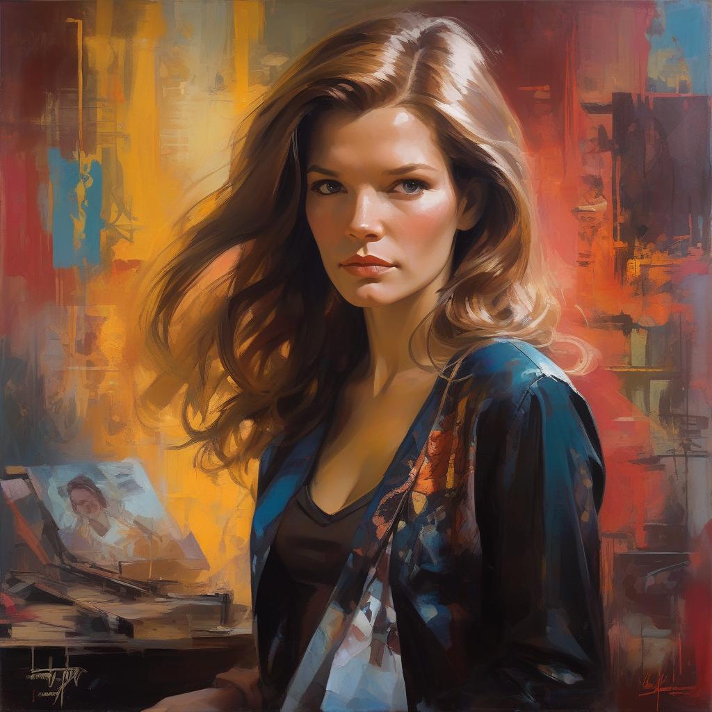  portrait captures young kathryn janeway at 20, long hair flowing, hybrid style merging the meticulous finesse of carne griffith and michael garmash with ivan shishkin's intricate realism, oriental color palette with deep, saturated hues, neon ambient lighting contrasts abstract black oil textures, mecha aesthetic intertwined with detailed acrylic brushwork, grunge elements adding raw atmosphere,