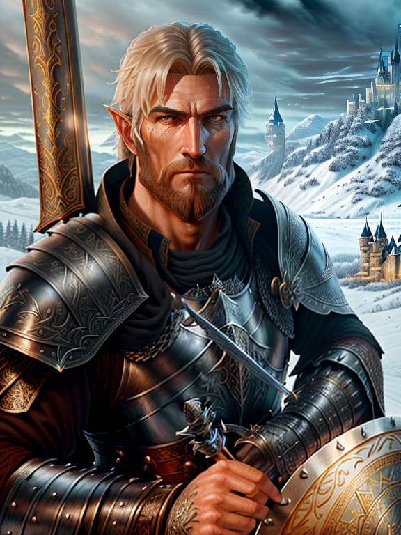  Create a high resolution image of a medieval knight in shining armor. The knight should be standing upright and taking a majestic stance, holding a sword in one hand and a shield on the arm. The armor should be detailed and realistic, with embellishments and engravings. The background should be an epic landscape with a castle and a dramatic sky., magic, dragons, elves, castles, by Donato Giancola, Ruan Jia, Kekai Kotaki, Magali Villeneuve, Even Mehl Amundsen hyperrealistic, full body, detailed clothing, highly detailed, cinematic lighting, stunningly beautiful, intricate, sharp focus, f/1. 8, 85mm, (centered image composition), (professionally color graded), ((bright soft diffused light)), volumetric fog, trending on instagram, trending on tumblr, HDR 4K, 8K