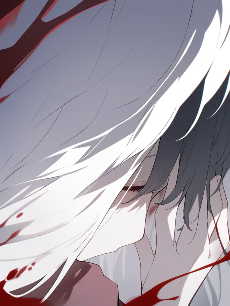  a close up of a young character with messy,dark hair that partially covers their eyes,casting a shadow over their face. the character is hunched over slightly,looking down as blood flows from their nose. their hands are pressed against their face,trying to stop the bleeding,but blood has smeared onto their fingers and dripped onto their clothes. the lighting is soft and minimal,creating a stark contrast between the character's pale skin and the deep red of the blood.their expression is calm but tired,giving a slightly eerie and melancholic atmosphere. the background is kept simple and slightly blurred to keep the focus on the character's emotional state and the intensity of the moment.