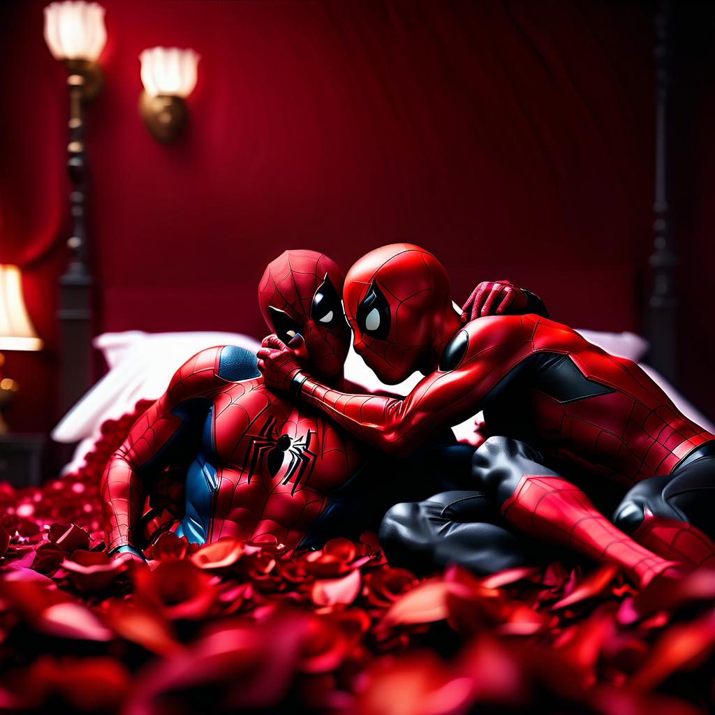  cinematic photo 2 guys spider man and deadpool of marvel lie together hugging in a dark red room with a huge chic bed and around a rose petal . 35mm photograph, film, bokeh, professional, 4k, highly detailed