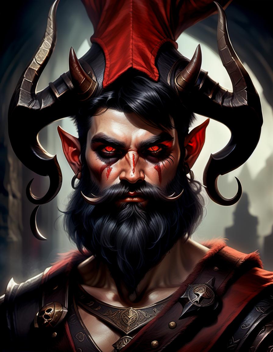  role playing game (rpg) style fantasy portrait of dwarf with black hair, black beard, black horns, red skin, demonic eyes in mine . detailed, vibrant, immersive, reminiscent of high fantasy rpg games, oil painting