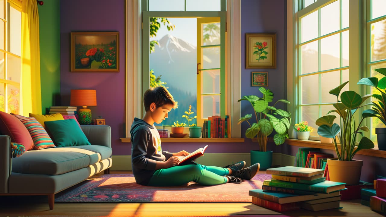  a cozy home learning environment with a child engaged in virtual lessons, surrounded by colorful books, plants, and educational tools, while a window reveals a bright, sunny outdoor scene, symbolizing freedom and flexibility. hyperrealistic, full body, detailed clothing, highly detailed, cinematic lighting, stunningly beautiful, intricate, sharp focus, f/1. 8, 85mm, (centered image composition), (professionally color graded), ((bright soft diffused light)), volumetric fog, trending on instagram, trending on tumblr, HDR 4K, 8K