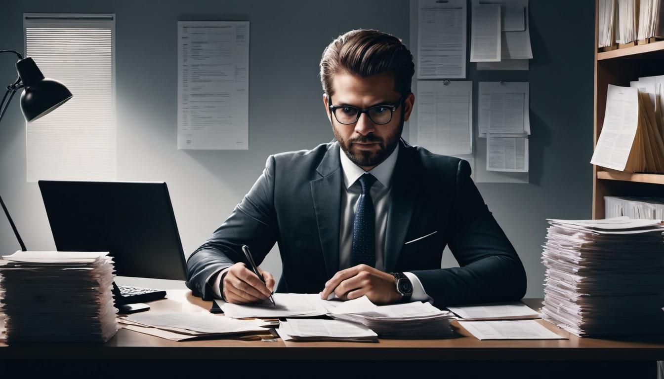  （surrealism)a coworker in an office, seated at a desk with a computer, casual work attire, blank expression, surrounded by papers and files, dim lighting, sense of anonymity mystic, intricate details, best quality)