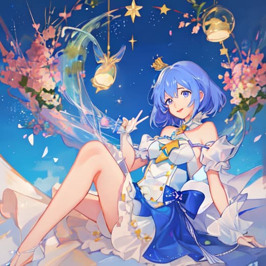  a cute girl sitting on a glowing star, surrounded by colorful erflies fluttering around her. she is small, with big sparkling eyes, and a joyful expression. the background features a breathtaking galaxy filled with twinkling stars and vint colors. the girl is ly cutting the sky with oversized scissors, a stunning view beyond. the style is reminiscent of anime and ilration, with detailed character design and a whimsical atmosphere.