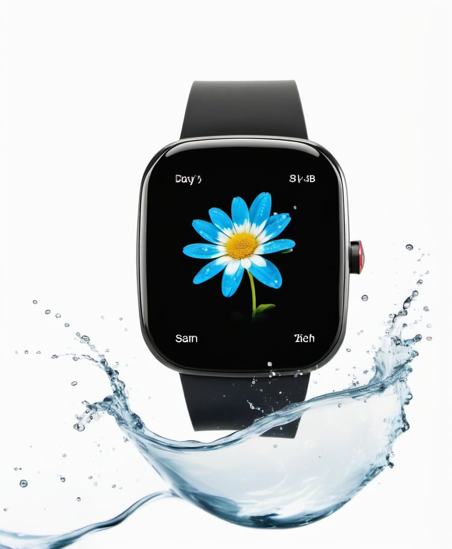  smart watch with a flower on the screen, around a splash of water, white background, film photography style