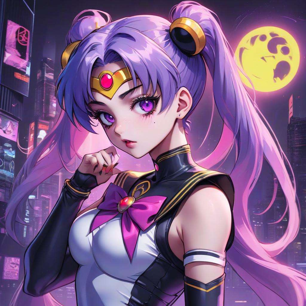  anime artwork anime style, gothic style, girl with purple hair, girl with one ponytail, bandage on one eye, sailor moon costume, gothic makeup, cyberpunk, neon . anime style, key visual, vibrant, studio anime, highly detailed, hkmagic