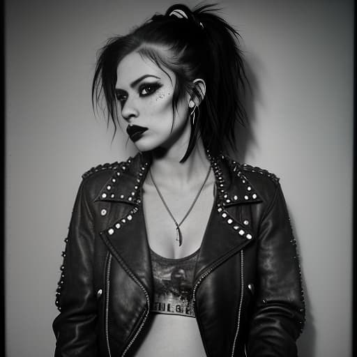  a hyper realistic photo of an extremely beautiful punk rocker girl bold lines, hyper detailed, leather jacket with studs and ripped jeans, her face is pale with pronounced cheekbones . her eyes are outlined with rich black eyeliner, and her lips are covered in dark lipstick with a slightly smudged contour. her disheveled hair is dyed in bright colors, creating a chaotic yet intentional mess. smoke swirls around her, and the lighting casts dramatic shadows, emphasizing her bold and energetic image. the grunge girl demonstrates authenticity, honesty, and independence through her style and self expression, (b&w, monochromatic, film photography:1.3), photorealistic, hyperrealistic, hyperdetailed, film noir, analog style, hip cocked, demure, lo