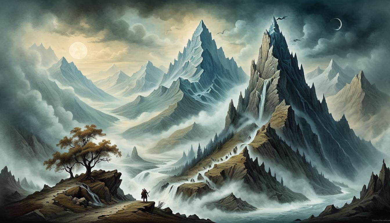  on parchment, surrealism+++, a mountain standing firm against raging elements, symbolizing unshakeable resolve, strong, majestic, resilient(mysterious, provocative, symbolic,muted color)+++