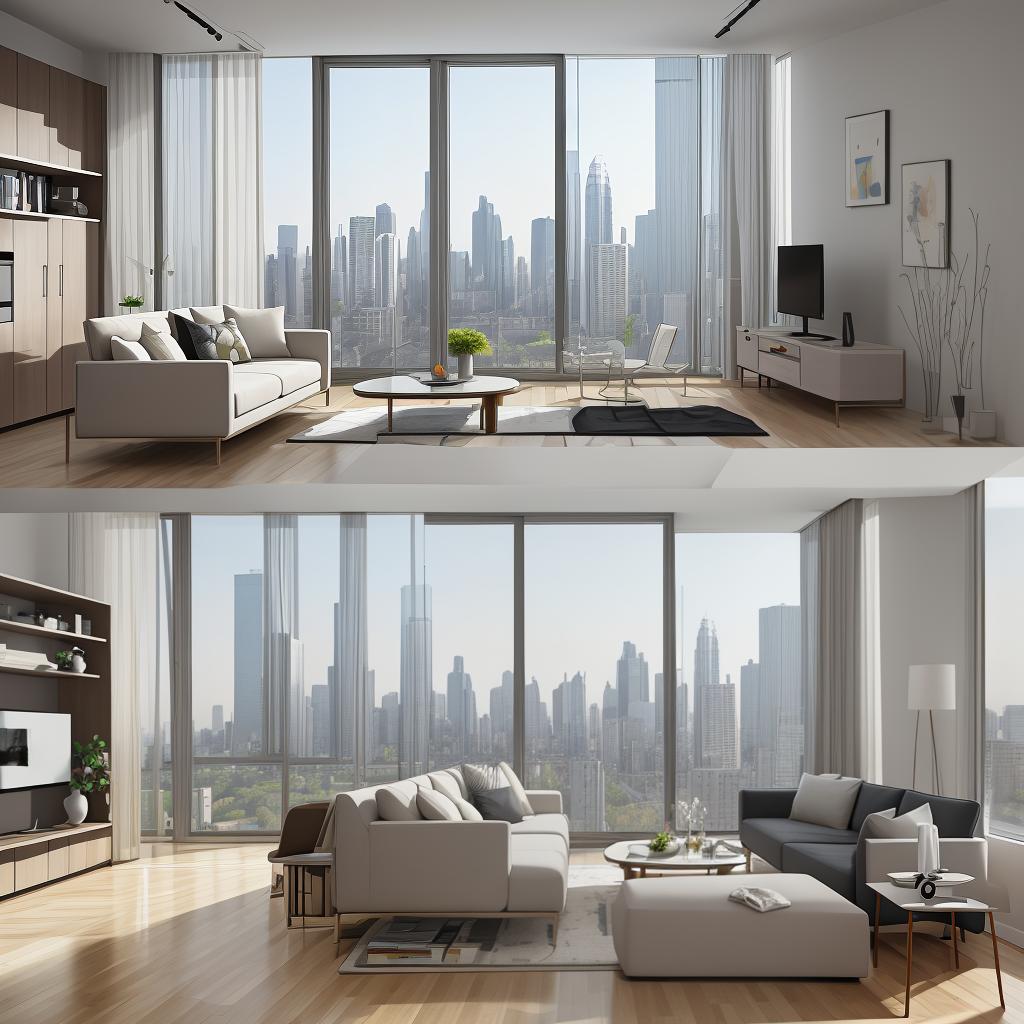  masterpiece, best quality, Best Quality, Masterpiece, 8k resolution,high resolution concept art of an apartment living room with floor to ceiling windows and modern furniture