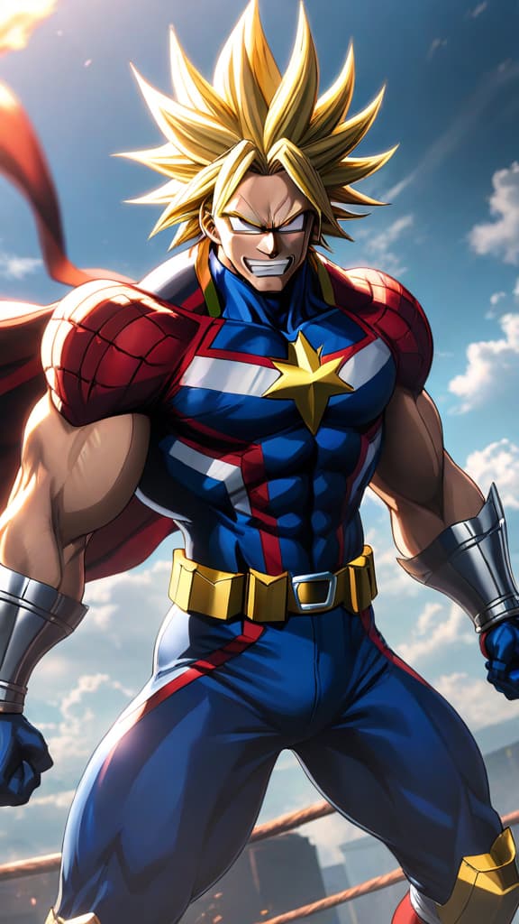  create an anime art depicting all might facing immense pressure before his catastrophic fall in my hero academia. hyperrealistic, full body, detailed clothing, highly detailed, cinematic lighting, stunningly beautiful, intricate, sharp focus, f/1. 8, 85mm, (centered image composition), (professionally color graded), ((bright soft diffused light)), volumetric fog, trending on instagram, trending on tumblr, HDR 4K, 8K