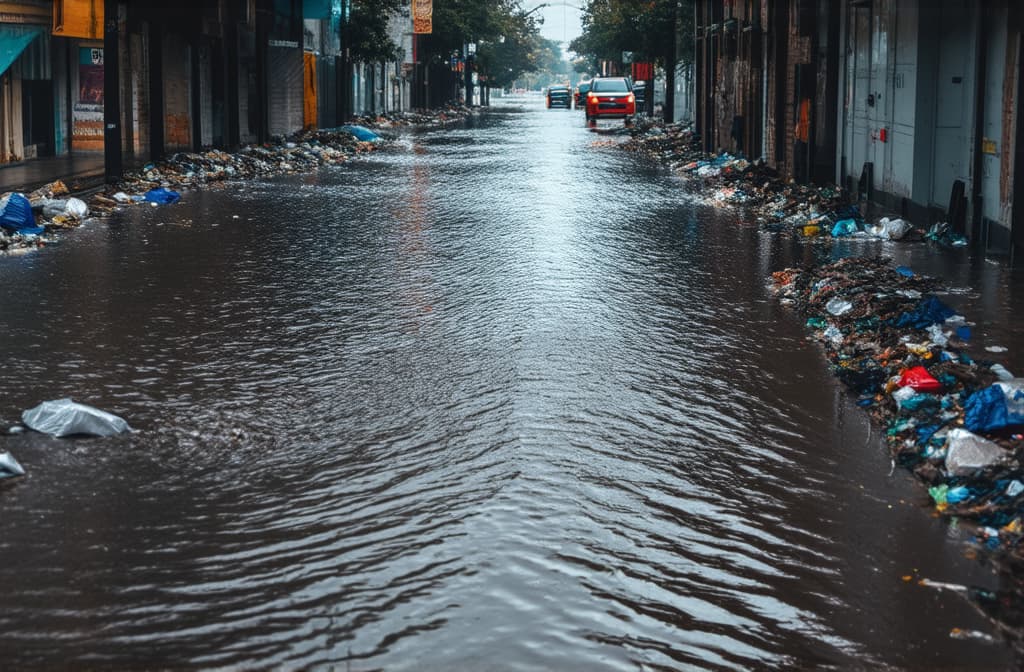  professional detailed photography, urban street scene during flood littered with trash washed street of pollution in city ar 3:2, (muted colors, dim colors, soothing tones), (vsco:0.3)