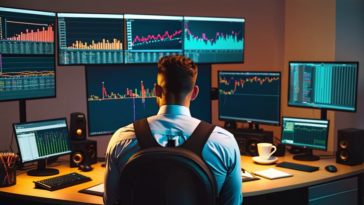  a focused individual at a cluttered desk, surrounded by multiple monitors displaying stock charts and candlestick patterns, with a notepad and coffee cup nearby, embodying the intensity of day trading. hyperrealistic, full body, detailed clothing, highly detailed, cinematic lighting, stunningly beautiful, intricate, sharp focus, f/1. 8, 85mm, (centered image composition), (professionally color graded), ((bright soft diffused light)), volumetric fog, trending on instagram, trending on tumblr, HDR 4K, 8K