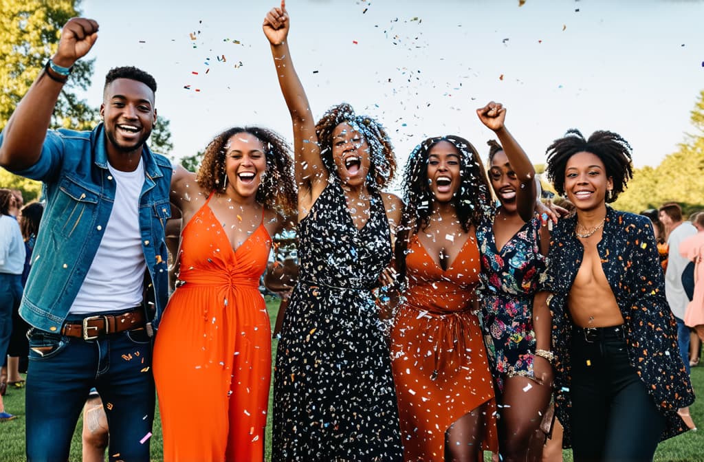  professional detailed photography, group of friends having fun at summer party throwing confetti in the air, young multiracial hipsters having fun on weekend outdoors ar 3:2, (muted colors, dim colors, soothing tones), (vsco:0.3)