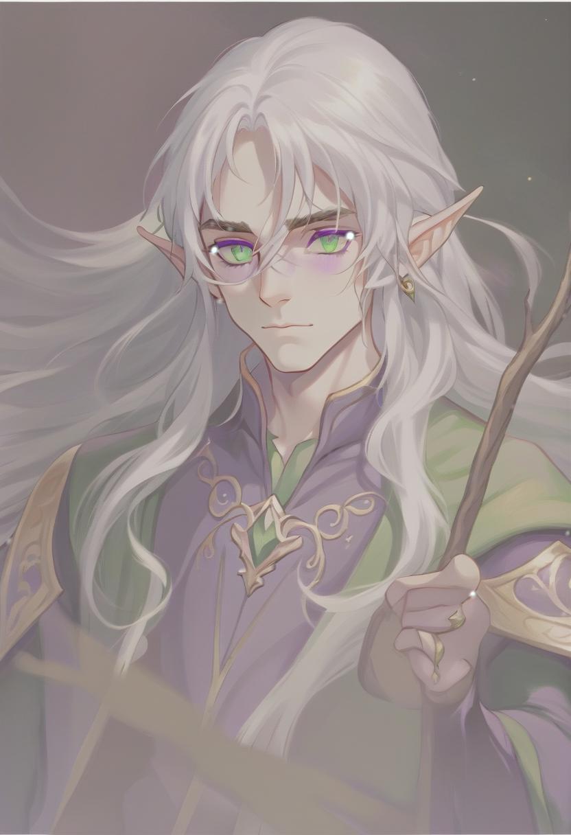  man, elf, long white hair, green eyes, purple clothes