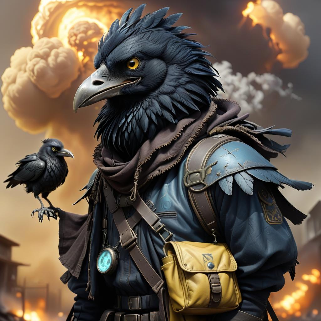  dystopian style black with blue tint avian humanoid race with raven head alchemist, ruffled feathers, mischievous yellow eyes, smiling, rags and leather cloak with lots of pockets, big backpack with pockets, nuclear explosions and detonation blasts . bleak, post apocalyptic, somber, dramatic, highly detailed, civitai