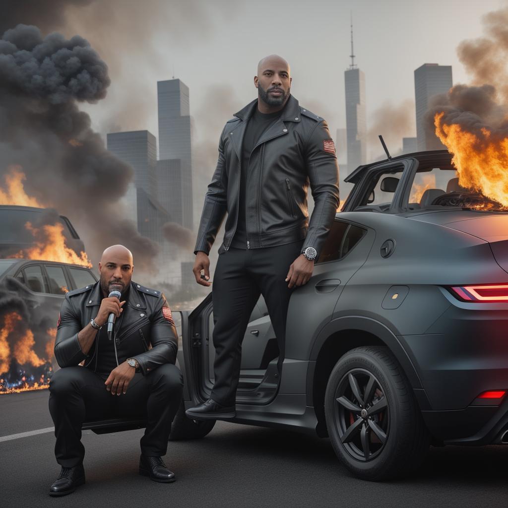  Two 250 pound bald black guys holding microphones and sitting on a burning car in an apocalyptic city hyperrealistic, full body, detailed clothing, highly detailed, cinematic lighting, stunningly beautiful, intricate, sharp focus, f/1. 8, 85mm, (centered image composition), (professionally color graded), ((bright soft diffused light)), volumetric fog, trending on instagram, trending on tumblr, HDR 4K, 8K