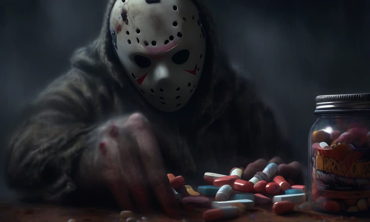  horror themed close up. jason voorhees is looking at a jar of pills. with the fog in the background. . eerie, unsettling, dark, spooky, suspenseful, grim, highly detailed