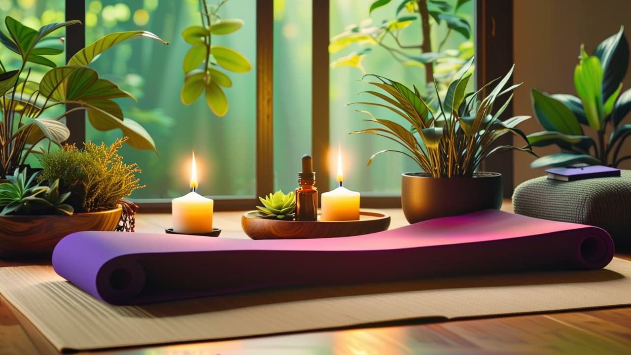  a serene wellness space featuring a yoga mat, essential oils, crystals, plants, and a softly lit candle, surrounded by natural wood decor and flowing fabrics, exuding tranquility and harmony with nature. hyperrealistic, full body, detailed clothing, highly detailed, cinematic lighting, stunningly beautiful, intricate, sharp focus, f/1. 8, 85mm, (centered image composition), (professionally color graded), ((bright soft diffused light)), volumetric fog, trending on instagram, trending on tumblr, HDR 4K, 8K