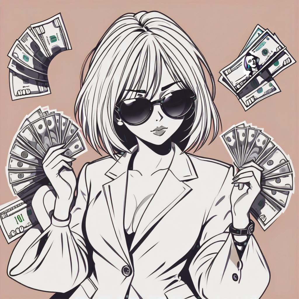  line art drawing rich girl in sunglasses, money in hands, same nightmare. anime style . professional, sleek, modern, minimalist, graphic, line art, vector graphics