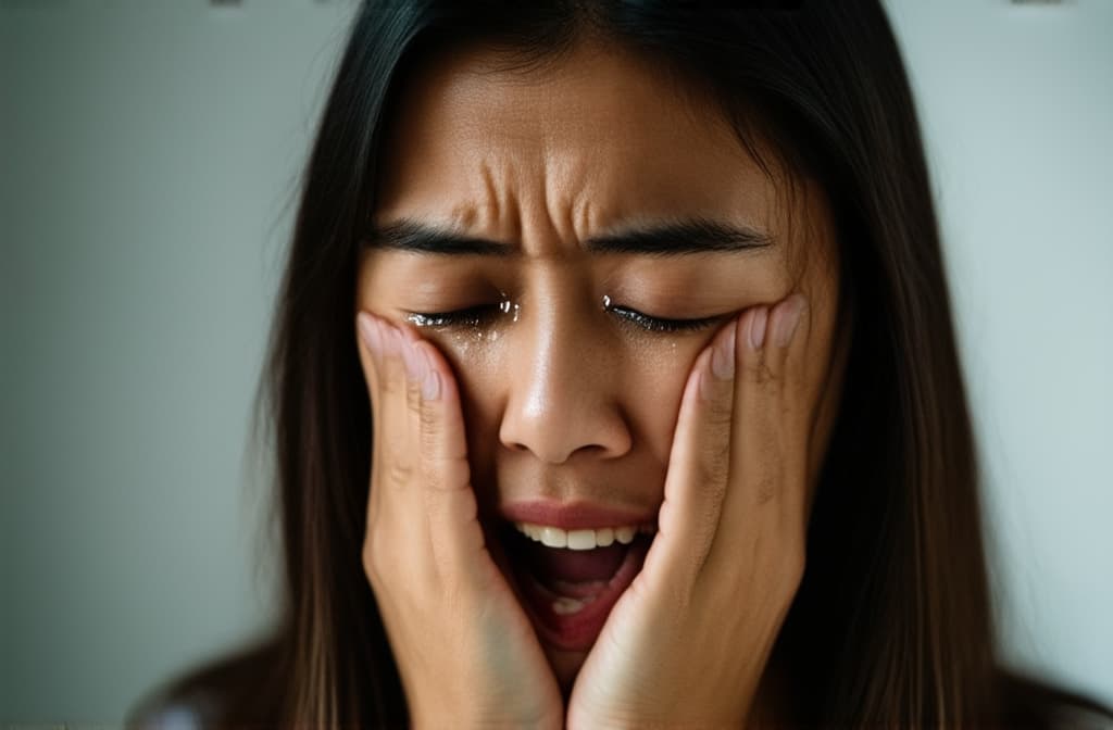  young sad asian woman crying with tears streaming down her cheeks. emotional breakdown, closed eyes and closed mouth ar 3:2, (natural skin texture), highly detailed face, depth of field, hyperrealism, soft light, muted colors