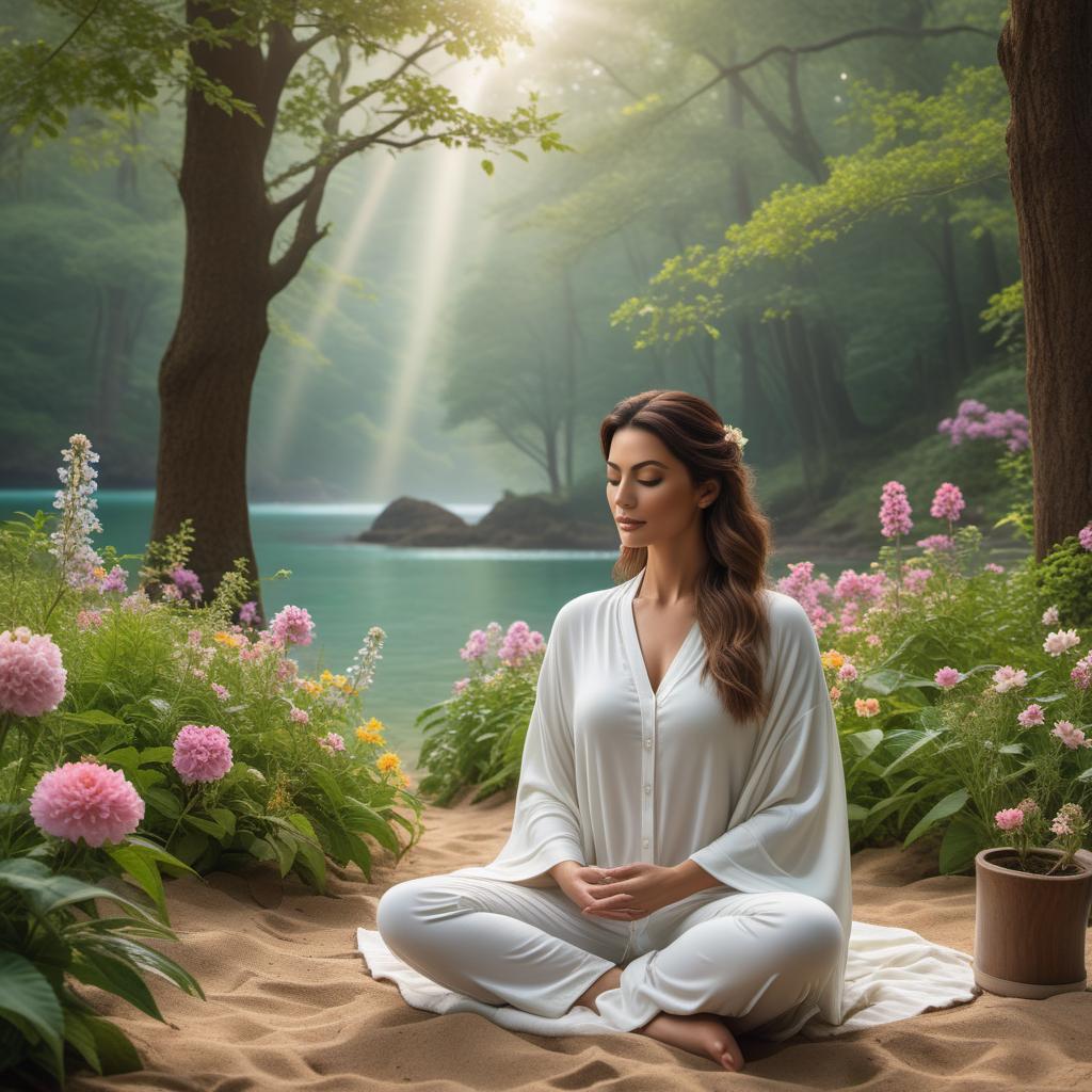  A calming scene showing someone practicing deep breathing on a serene beach, another person meditating in a tranquil forest, someone jogging in a park with trees and flowers, a comforting image of a supportive conversation between friends, a cozy bedroom indicating good sleep, an individual painting with vibrant colors, and a cup of herbal tea to represent avoiding stimulants. hyperrealistic, full body, detailed clothing, highly detailed, cinematic lighting, stunningly beautiful, intricate, sharp focus, f/1. 8, 85mm, (centered image composition), (professionally color graded), ((bright soft diffused light)), volumetric fog, trending on instagram, trending on tumblr, HDR 4K, 8K