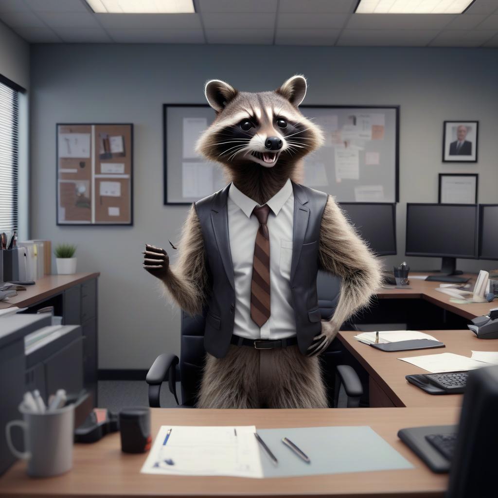  hyperrealistic art raccoon with a pumped up human body stands in the office . extremely high resolution details, photographic, realism pushed to extreme, fine texture, incredibly lifelike