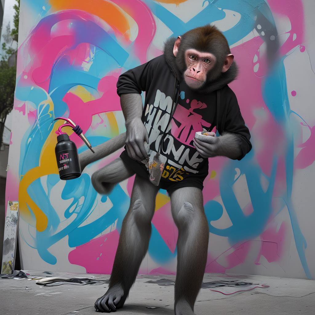  an artistic monkey spray painting a mural in an artistic neighborhood colorful hyper detailed