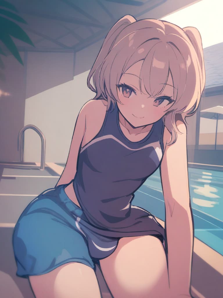  women's elementary students (male), twin tails, cute smiles, (rich s), short stature, dark blue swimwear, old swimwear, swimwear, simple, (upward), upward, (bulge), front, whole body, pool side ,,,