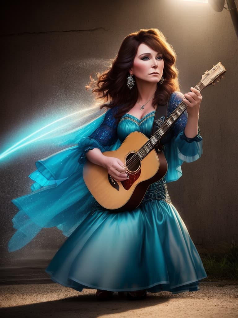  The young country singer Loretta Lynn, medium shot, upper body, spotlight, long exposure lighting, street art style spray paint, glamour lighting