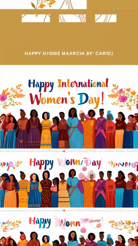  happy international women's day. march 8th. different races and nationalities. colored hand drawn vector illustrations. set of cards and seamless pattern ar 9:16 {prompt}, maximum details