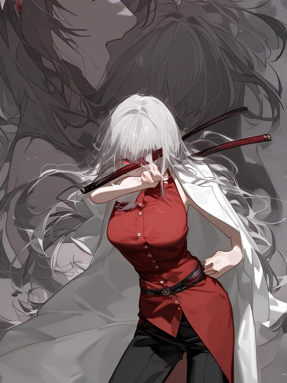  create for me a character with anime manga art. a woman with long, frayed silver hair, which even covers her face. she has deep, lifeless red eyes resembling wine. she wears dark dress pants. a red dress shirt with buttons on its front seam, two thin belts under its bust. a light gray lab coat on the shoulders. she walks around with two katanas around her waist. she´s in combat pose. . best quality, high resolution